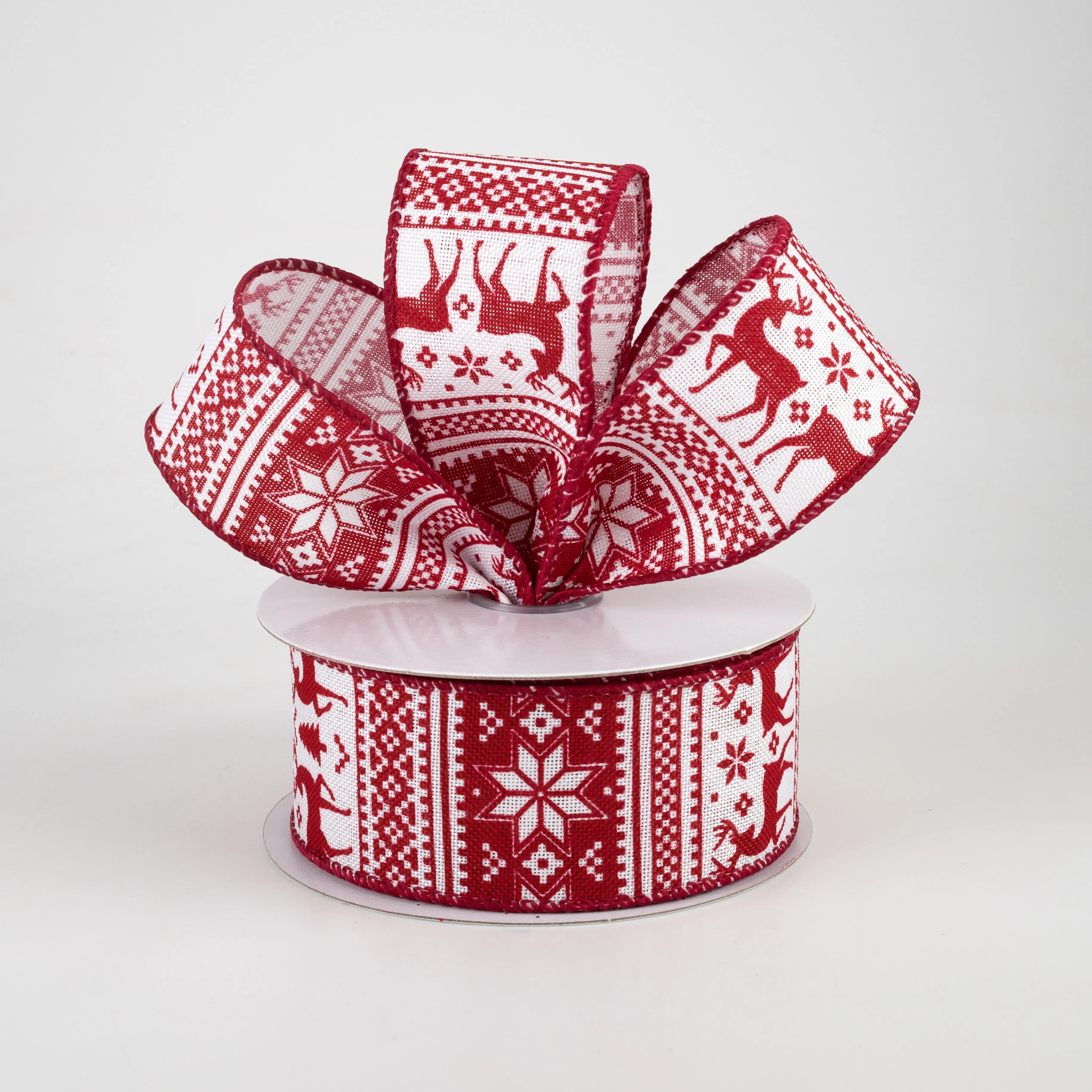 1.5" Lodge Sweater Print Ribbon: Red & White (10 Yards)