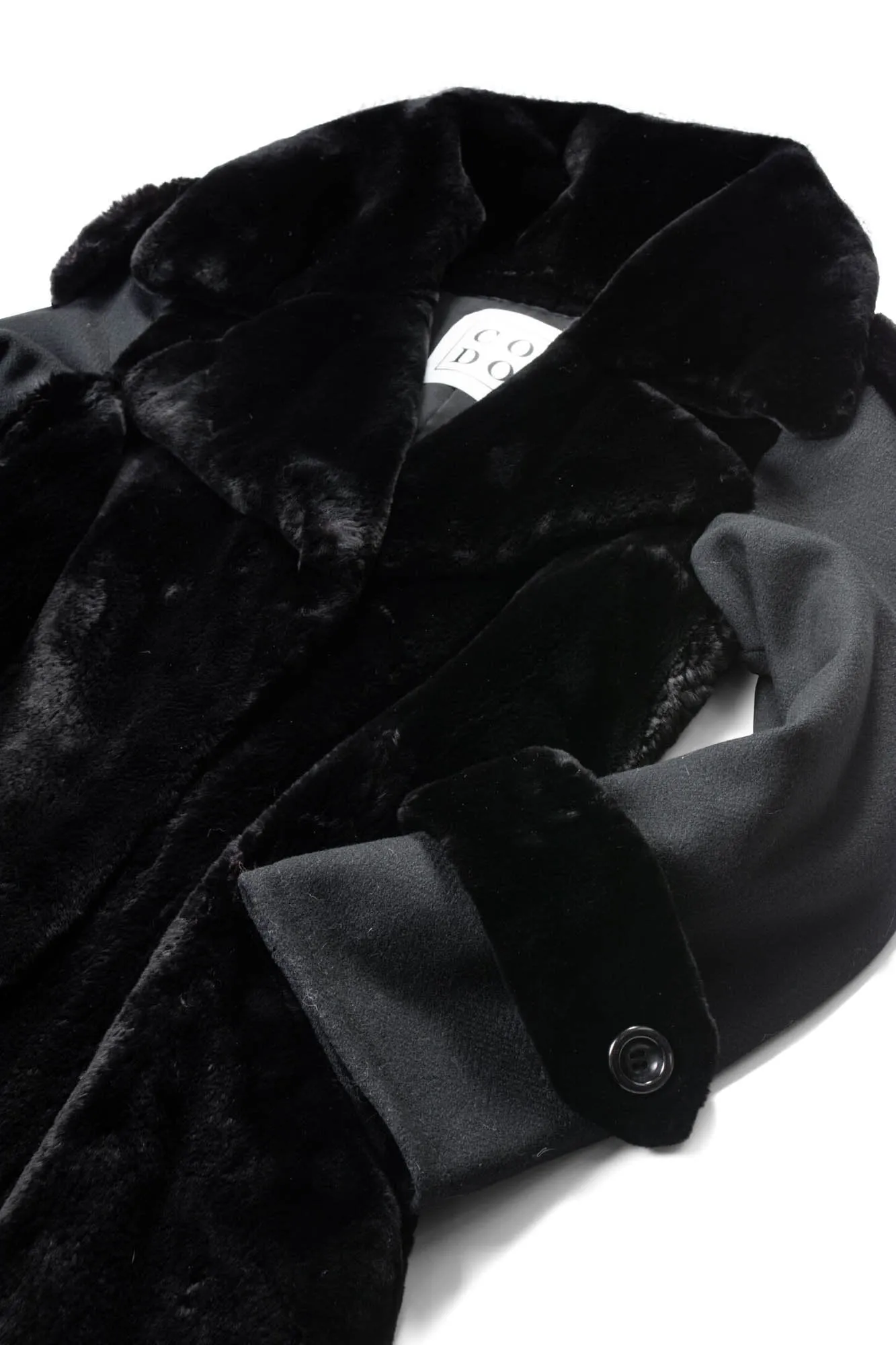 CODO Sheared Fur Wool A-Line Trench Coat Black