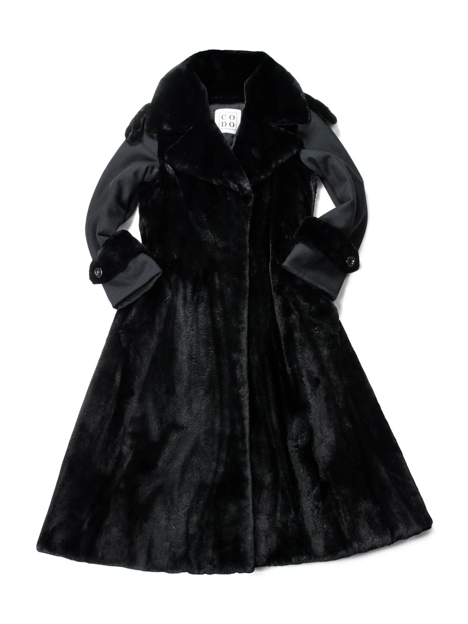 CODO Sheared Fur Wool A-Line Trench Coat Black