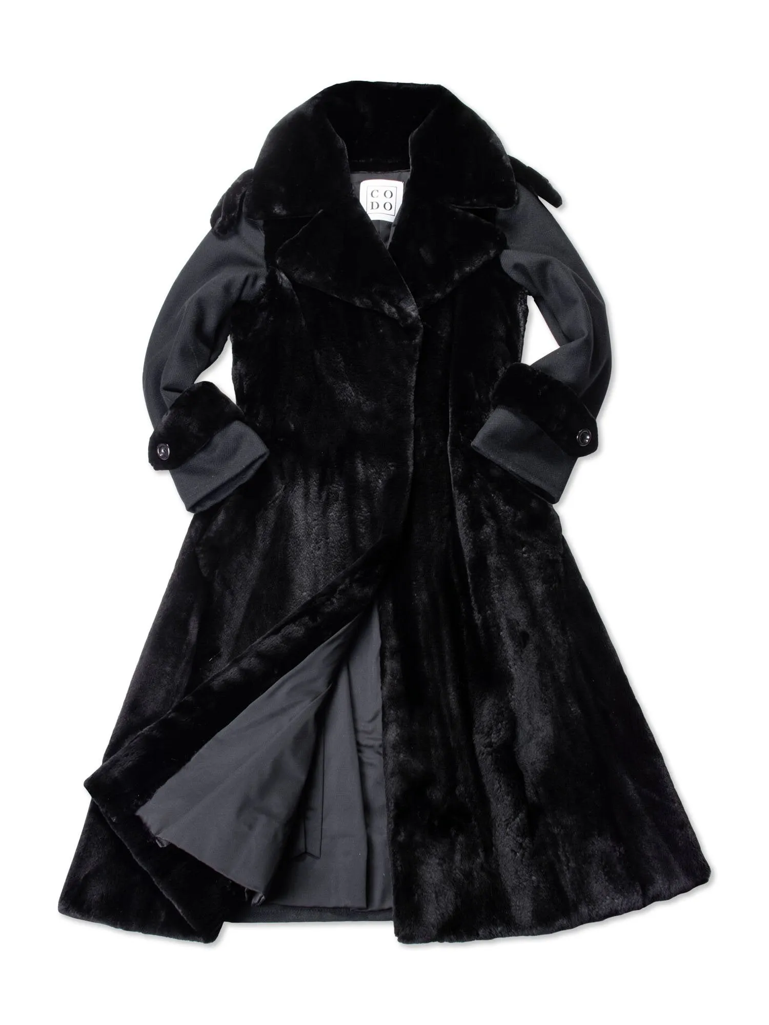 CODO Sheared Fur Wool A-Line Trench Coat Black
