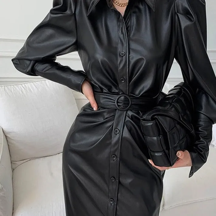 Long Soft Black Faux Leather Shirt Dress with Puff Sleeves