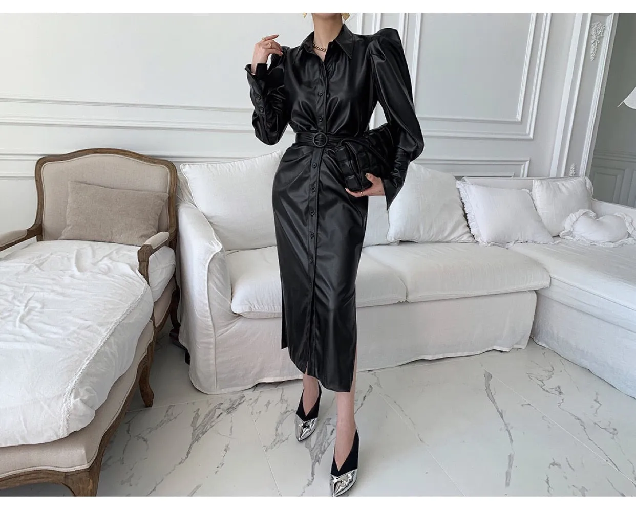Long Soft Black Faux Leather Shirt Dress with Puff Sleeves