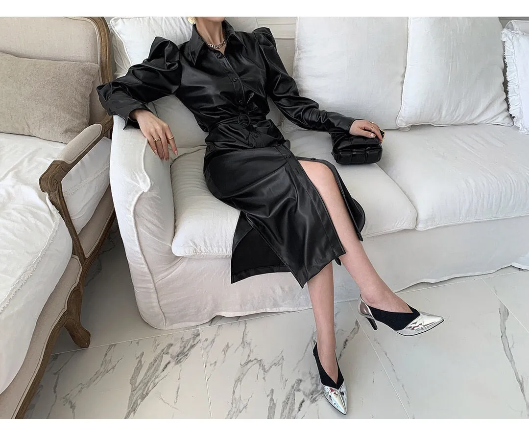 Long Soft Black Faux Leather Shirt Dress with Puff Sleeves
