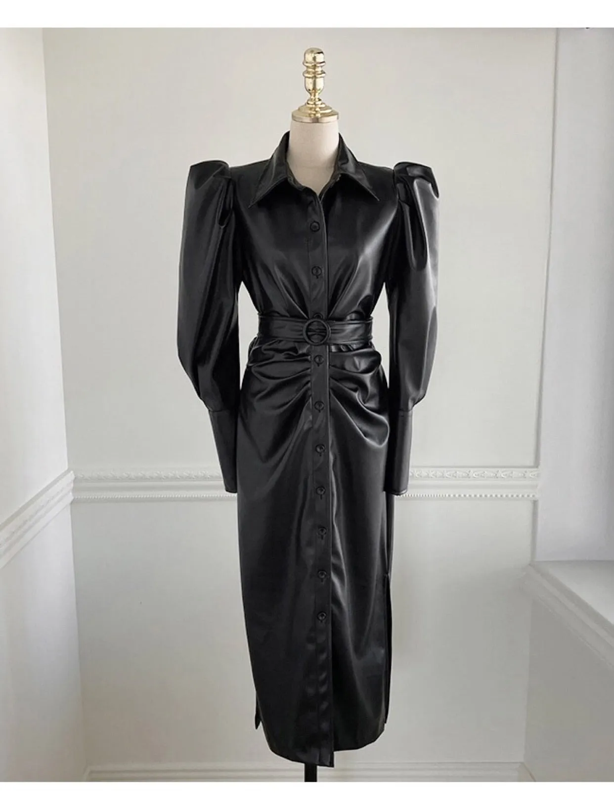Long Soft Black Faux Leather Shirt Dress with Puff Sleeves