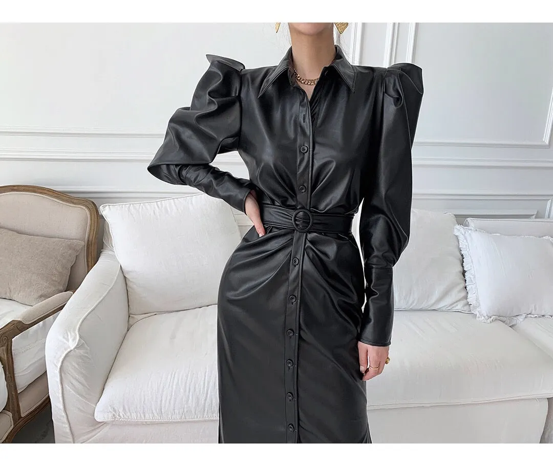 Long Soft Black Faux Leather Shirt Dress with Puff Sleeves