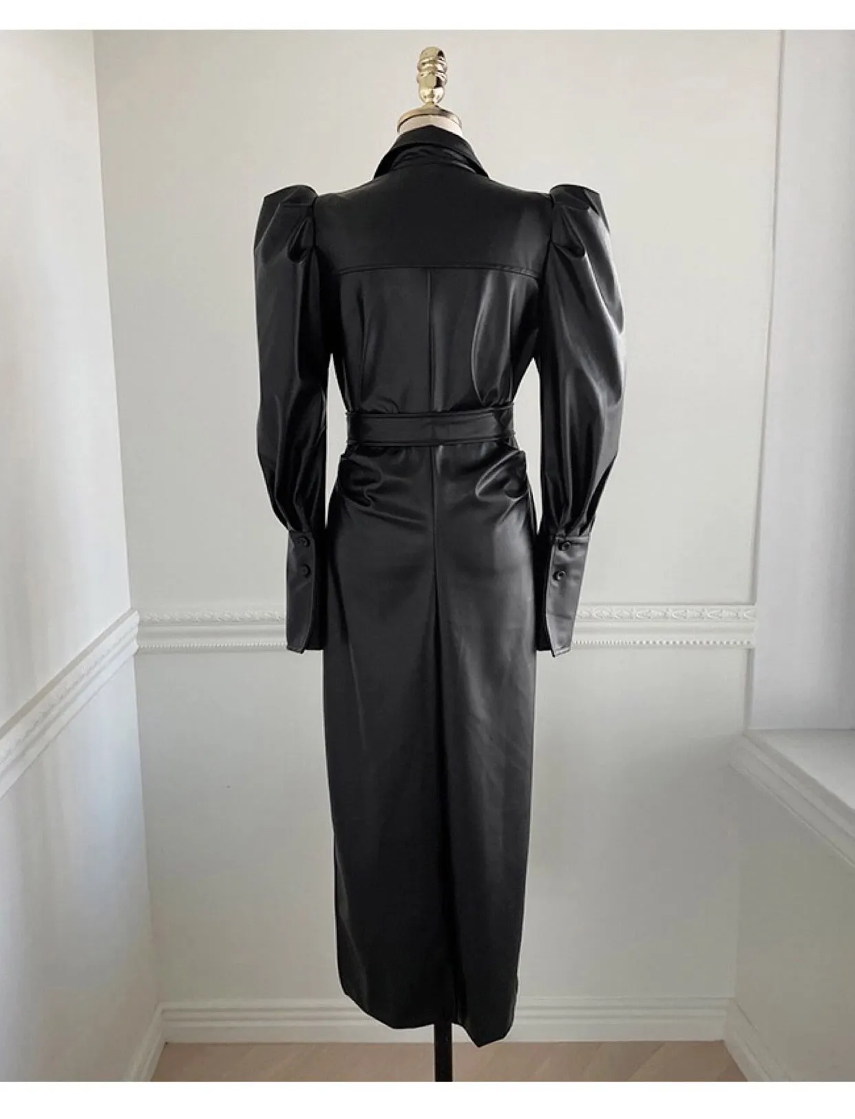 Long Soft Black Faux Leather Shirt Dress with Puff Sleeves