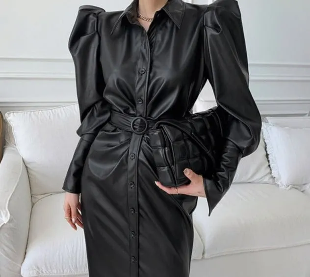 Long Soft Black Faux Leather Shirt Dress with Puff Sleeves