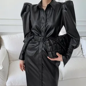 Long Soft Black Faux Leather Shirt Dress with Puff Sleeves