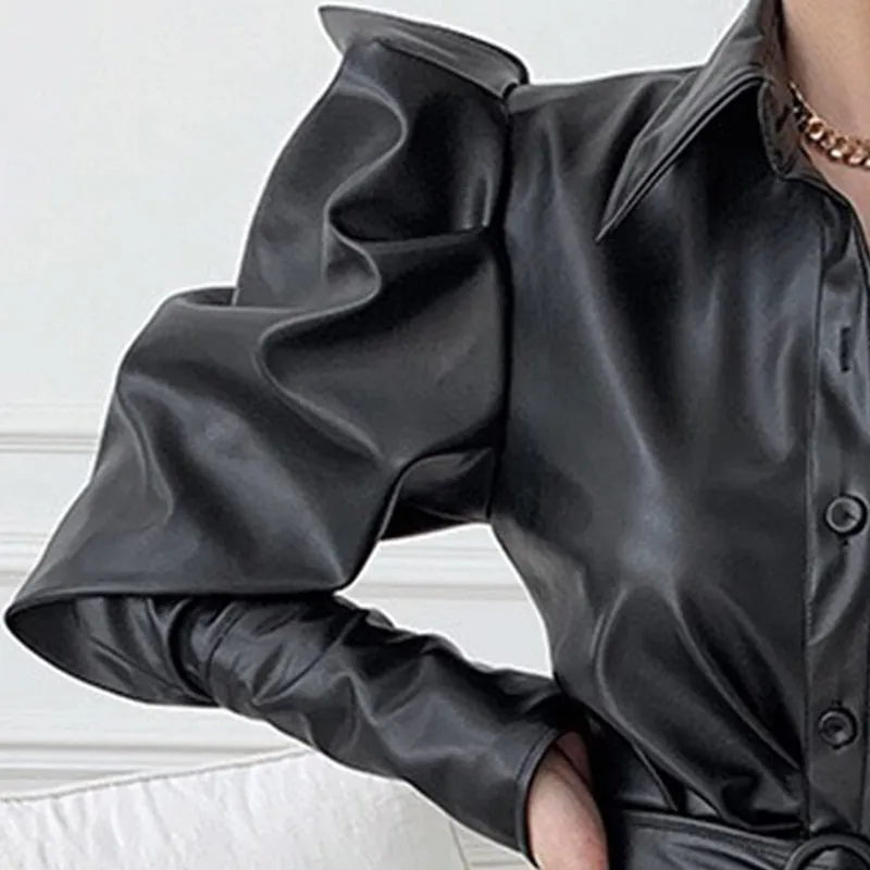 Long Soft Black Faux Leather Shirt Dress with Puff Sleeves