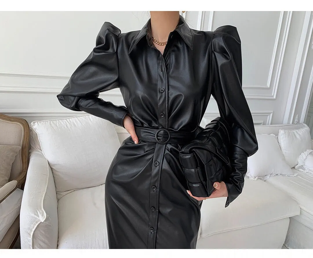 Long Soft Black Faux Leather Shirt Dress with Puff Sleeves