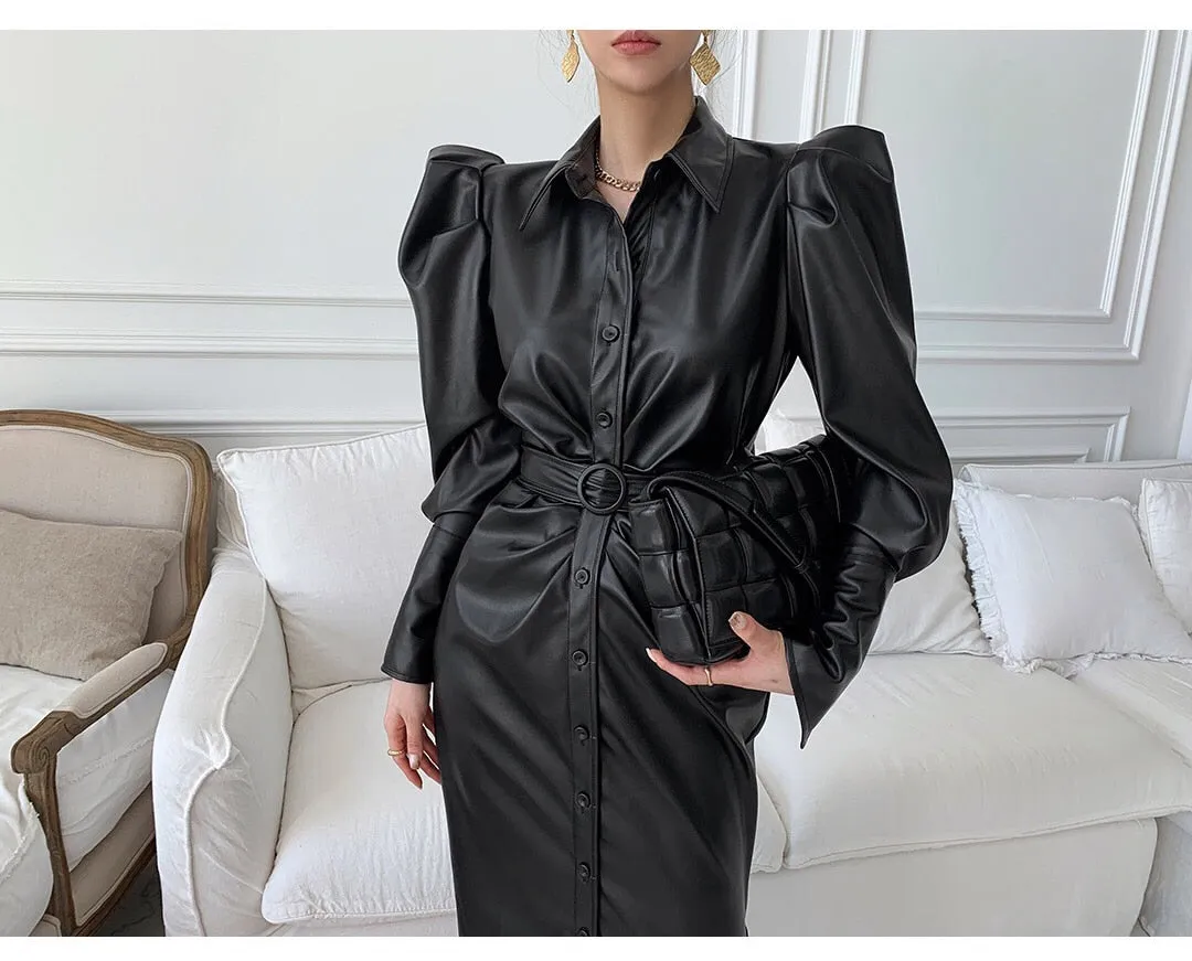 Long Soft Black Faux Leather Shirt Dress with Puff Sleeves