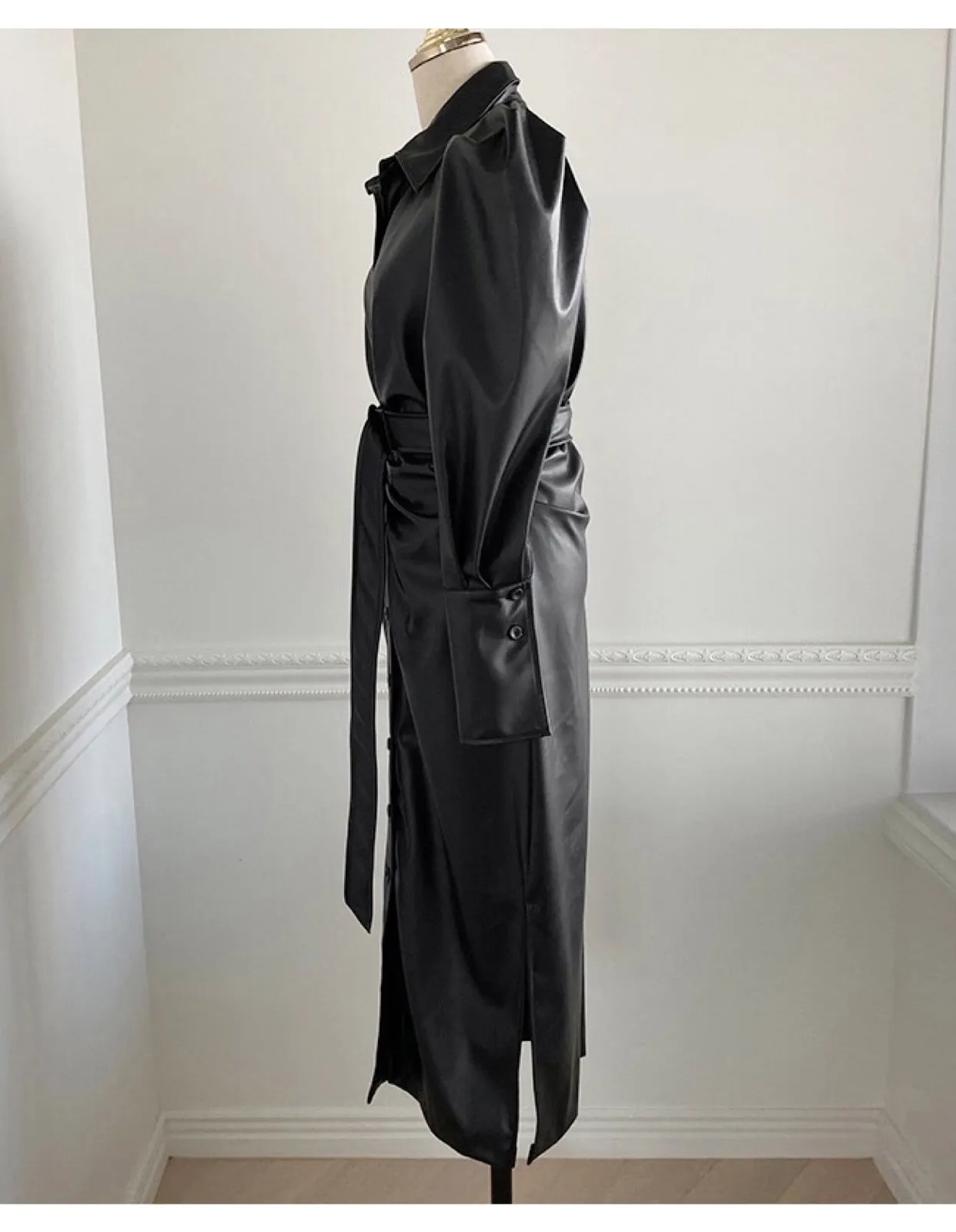 Long Soft Black Faux Leather Shirt Dress with Puff Sleeves