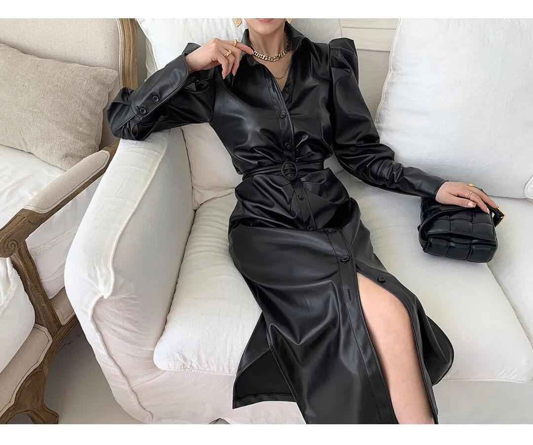 Long Soft Black Faux Leather Shirt Dress with Puff Sleeves