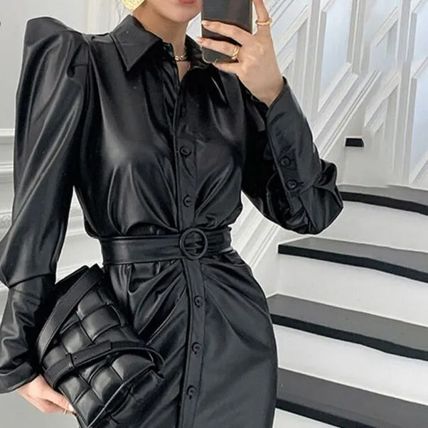 Long Soft Black Faux Leather Shirt Dress with Puff Sleeves