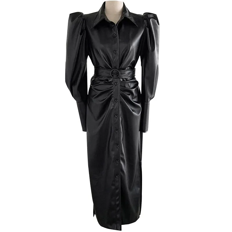 Long Soft Black Faux Leather Shirt Dress with Puff Sleeves