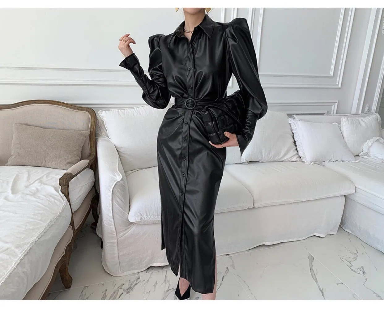 Long Soft Black Faux Leather Shirt Dress with Puff Sleeves