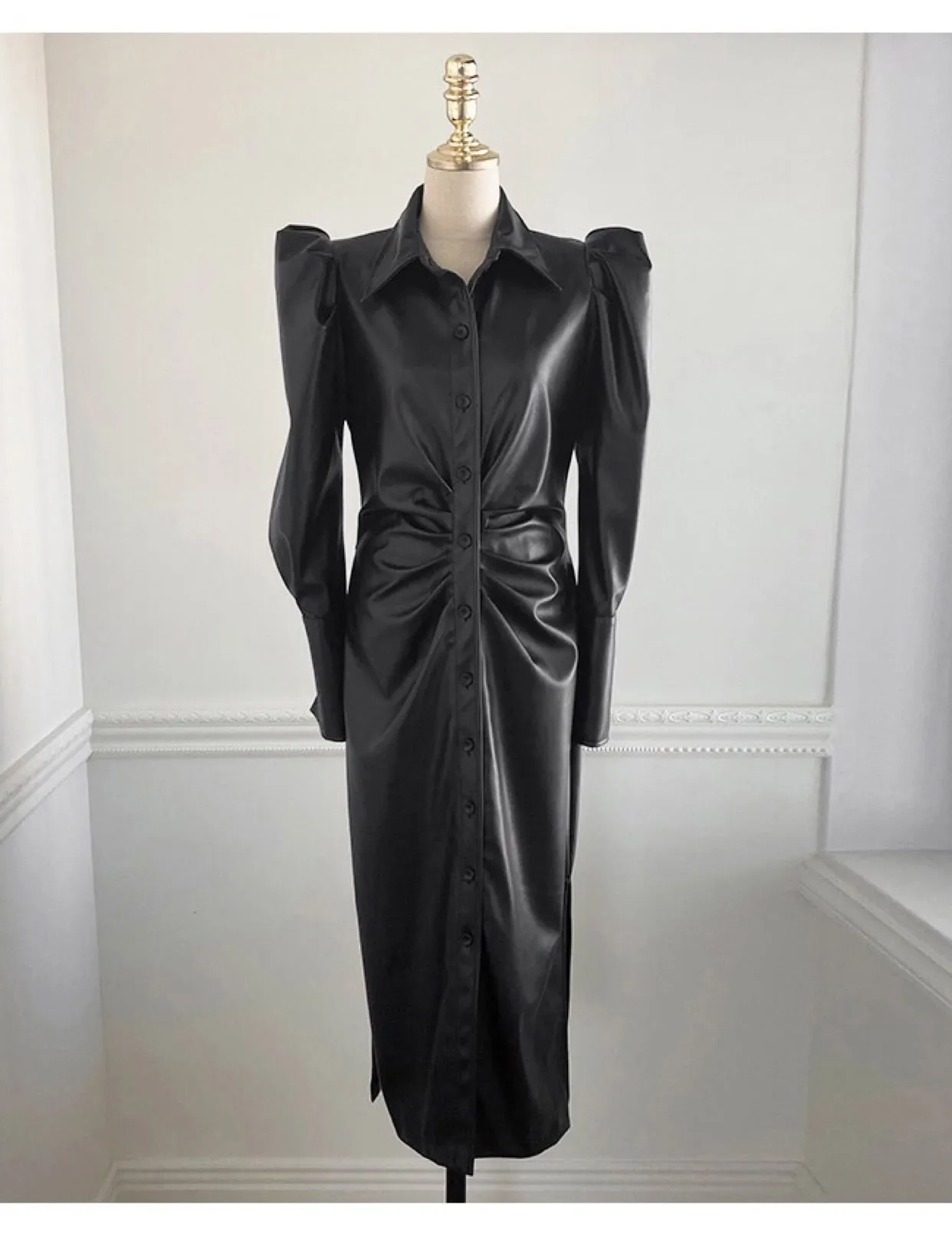 Long Soft Black Faux Leather Shirt Dress with Puff Sleeves