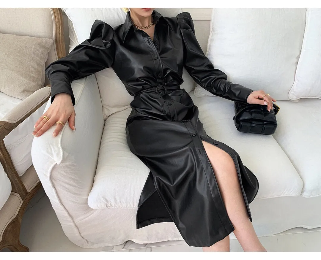 Long Soft Black Faux Leather Shirt Dress with Puff Sleeves
