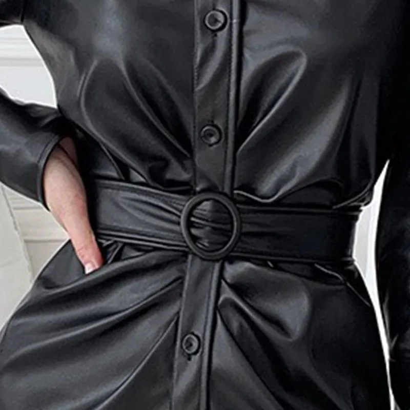 Long Soft Black Faux Leather Shirt Dress with Puff Sleeves