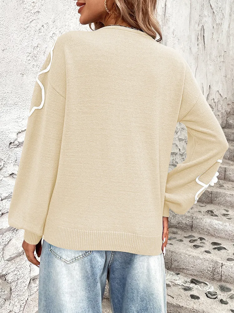 Women'sFloral V Neck Tunic Pullover Long Sleeve Oversized Fall Casual Sweater